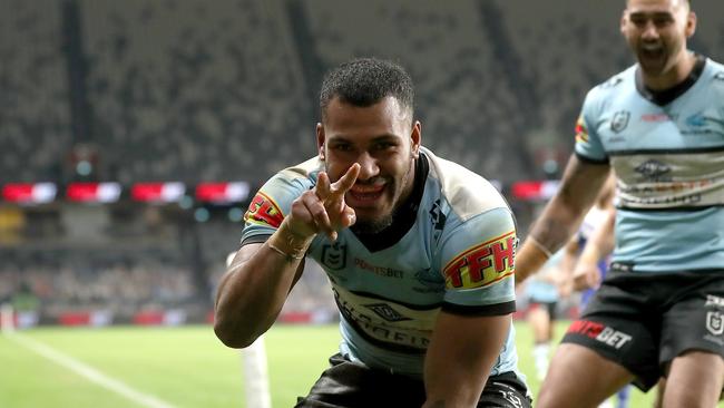 Cronulla’s hat-trick hero Sione Katoa celebrates scoring a try. Picture: Mark Kolbe/Getty Images