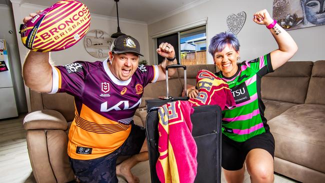 Broncos fan Wade Rolfe and his Souths fan wife Tonie booked as soon as the NRL confirmed dates. Picture: Nigel Hallett