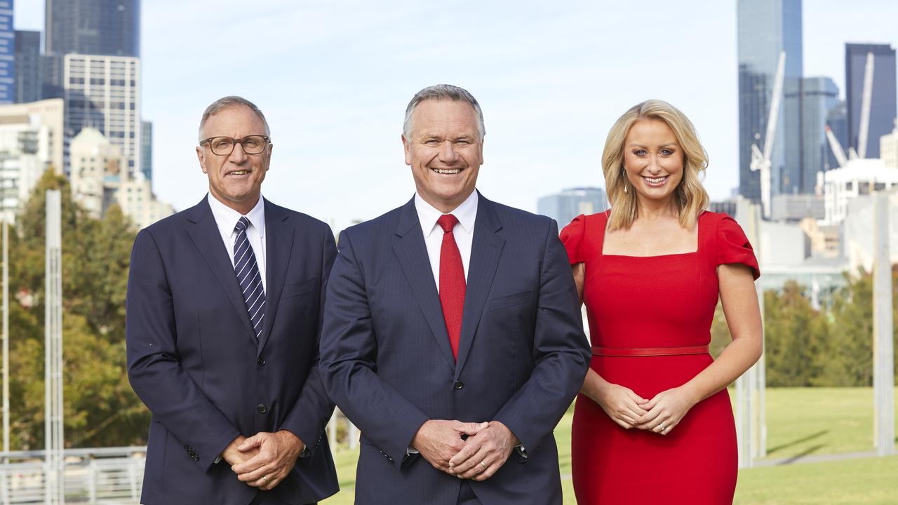 Tim Watson with Peter Mitchell and Jane Bunn. Photo: Channel 7.