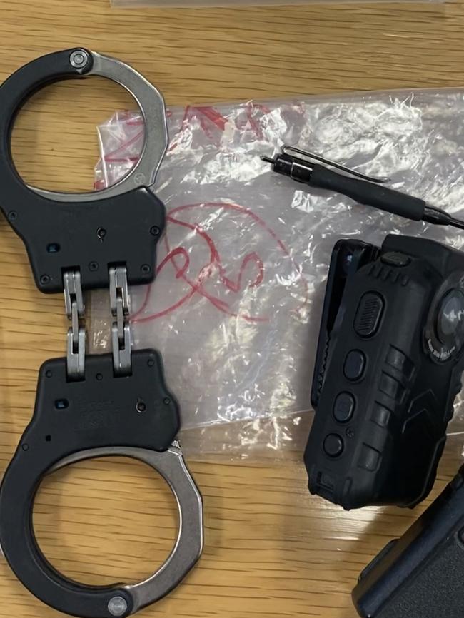 Police seized a pair of working handcuffs and radios.