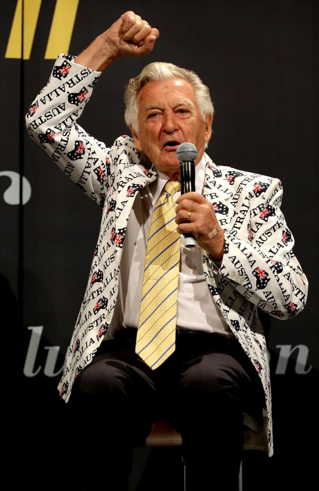 Bob Hawke in the famous jacket on stage during a luncheon to commemorate the 30th Anniversary of Australia II's America's Cup victory. Picture: Gregg Porteous