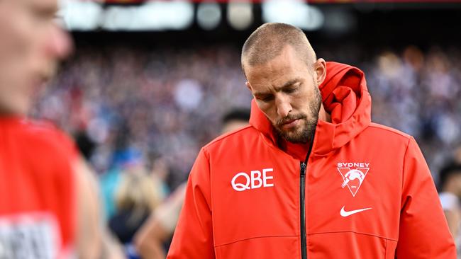 MELBOURNE, AUSTRALIA - SEPTEMBER 24: Sam Reid of the Swans looks upset after the loss during the 2022 Toyota AFL Grand Final match between the Geelong Cats and the Sydney Swans at the Melbourne Cricket Ground on September 24, 2022 in Melbourne, Australia. (Photo by Daniel Carson/AFL Photos via Getty Images)