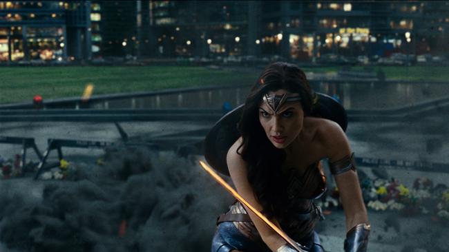 Gal Gadot as Wonder Woman in a Scene from the Warner Brothers superhero film Justice League.