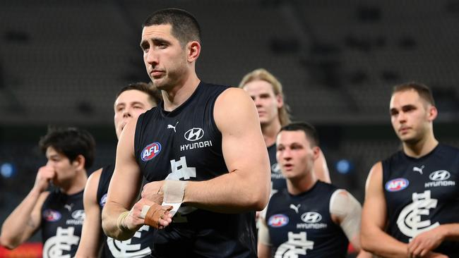 Jacob Weitering and his dejected teammates after losing to GWS. Picture: Quinn Rooney/Getty Images