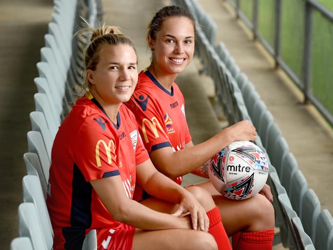 Centre back duo Amber Brooks and Emma Checker have helped Adelaide United record the W-League’s second-best defensive record this season. Picture: Naomi Jellicoe