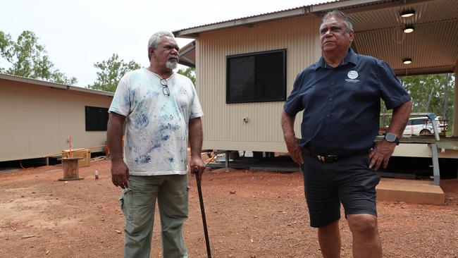 Anindilyakwa Land Council Community Justice Group member Matthew McKenzie and Philip Collin during the site tour of the Anindilyakwa Healing Centre, Groote Eylandt on Friday February 2.