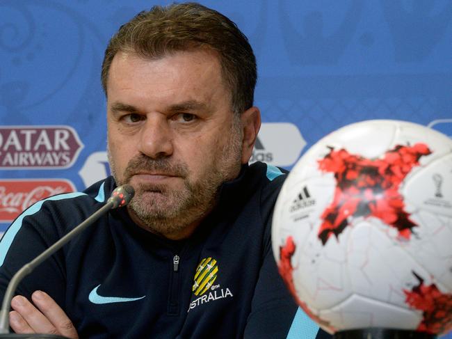 Australia's coach Ange Postecoglou gives a press conference in Saint-Petersburg on June 21, 2017 on the eve of the 2017 FIFA Confederations Cup group B football match between Cameroon and Australia. / AFP PHOTO / Olga MALTSEVA