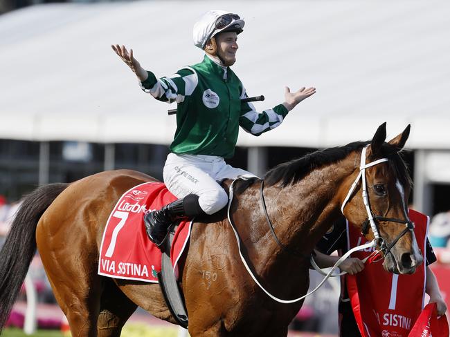 NCA. MELBOURNE, AUSTRALIA. October 26, 2024. Racing.  Cox Plate day at Moonee Valley racecourse.. Race 9. The Cox Plate.   Via Sistina ridden by James McDonald wins the 2024 Cox Plate     .  Pictures : Michael Klein