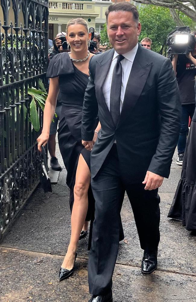 Karl Stefanovic and Jasmine Yarbrough arrive for Kyle Sandilands and Tegan Kynaston's wedding on April 29. Picture: Instagram