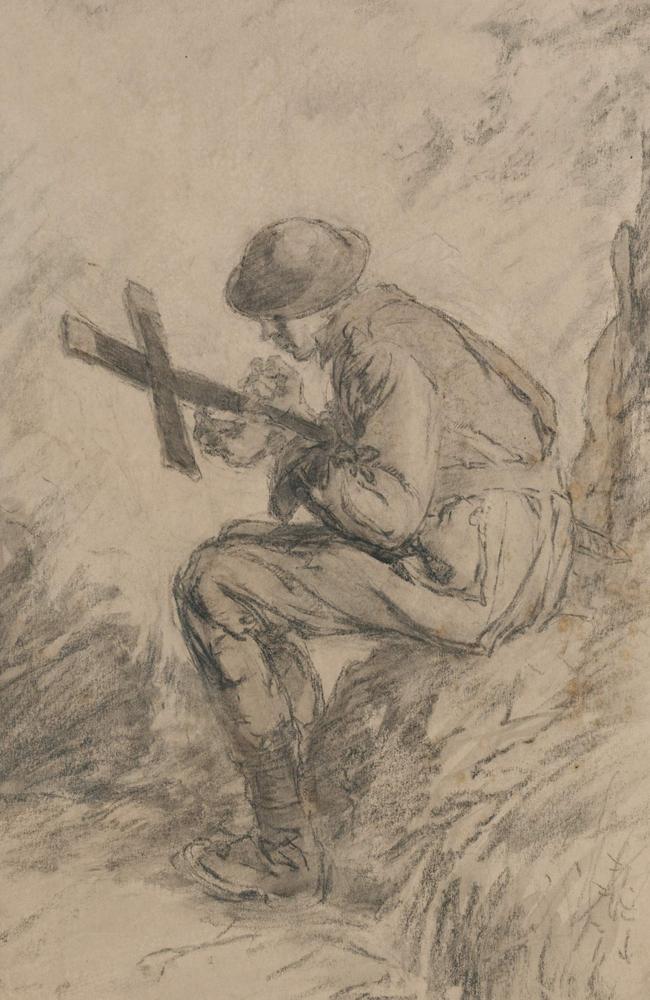 The mate ... a charcoal drawing by artist Will Dyson, who witnessed a soldier carving a cross with a rising sun for his pal lost at Messines. Picture: Australian War Memorial