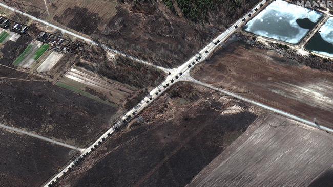 The convoy has “stalled”. Picture: Satellite image 2022 Maxar Technologies /AFP