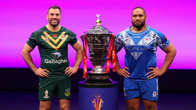 Cup final captains James Tedesco of Australia and Junior Paulo of Samoa. Picture: Nathan Stirk/Getty Images for RLWC