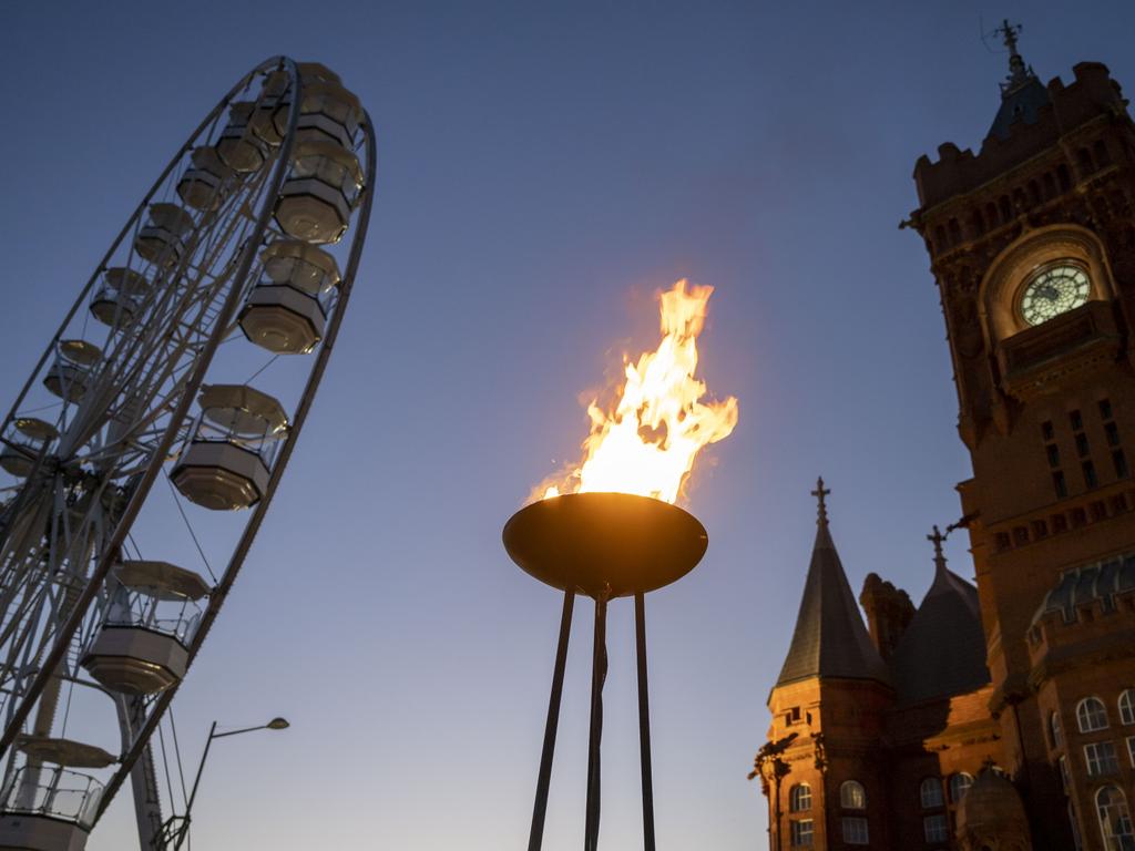 A beacon is lit in front of the Pierhead Building at Cardiff Bay to celebrate the Platinum Jubilee. Picture: Getty