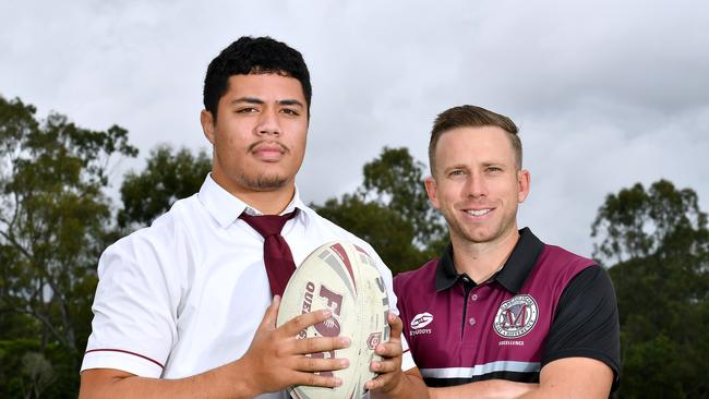 Chris Faagutu, fresh from winning the Meninga Cup grand final on Sunday, and his Marsden SHS coach Matt Hartigan. Picture, John Gass