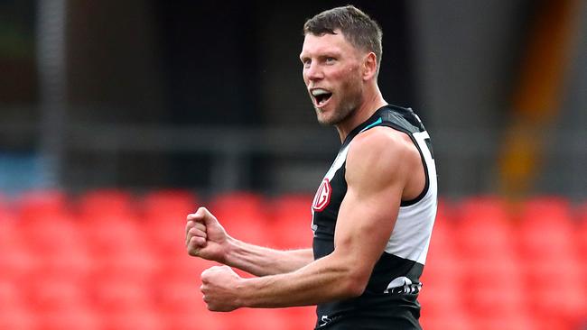 Ebert celebrating a goal in his 250th game against West Coast. (Photo by Jono Searle/AFL Photos/via Getty Images)