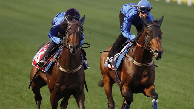 Jamie Kah rides Broadsiding (left) at The Valley on Tuesday morning. Picture: Michael Klein