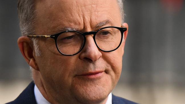 Australia's Prime Minister Anthony Albanese reacts as he speaks to the press outside Number 10 Downing Street in London, on May 5, 2023 following a meeting with Britain's Prime Minister. (Photo by Daniel LEAL / AFP)