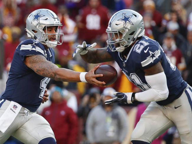 Dallas Cowboys quarterback Dak Prescott (4) will rely heavily on running back Ezekiel Elliott (21) against the Eagles. Picture: AP Photo