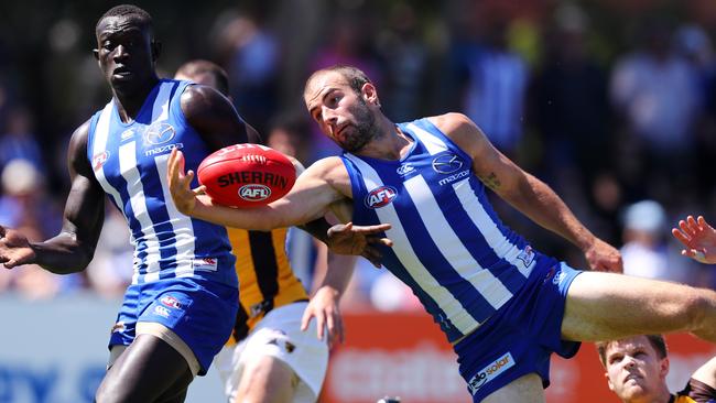 JLT community cup match. North Melbourne vs. Hawthorn at Arden St. Ben Cunnington marks one handed 2nd qtr. Pic: Michael Klein