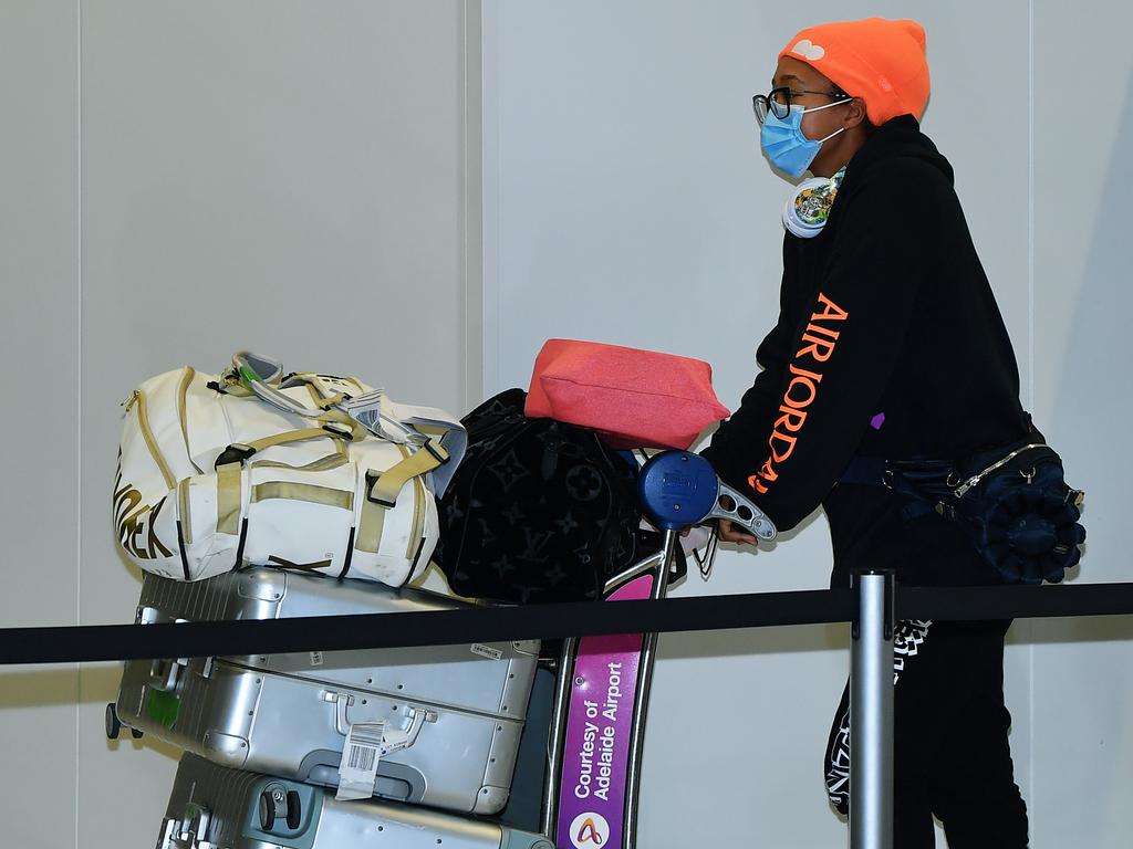 Naomi Osaka arrives at Adelaide Airport on January 14. (Photo by Mark Brake/Getty Images)