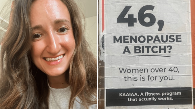Sydney mum Megan Harr, and one of the ads they saw on the street. Image: Supplied