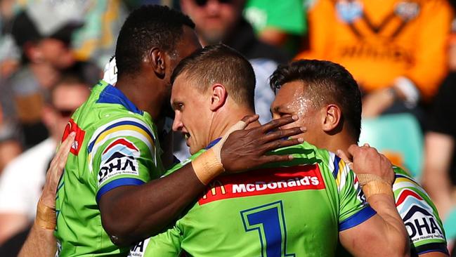 Raiders Jack Wighton with his teammates at Leichhardt Oval. Picture: Gregg Porteous