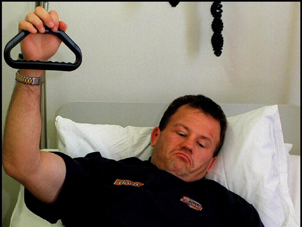 Trevor Gillmeister relaxes in hospital after the Maroons triumph. Picture: Patrick Hamilton.