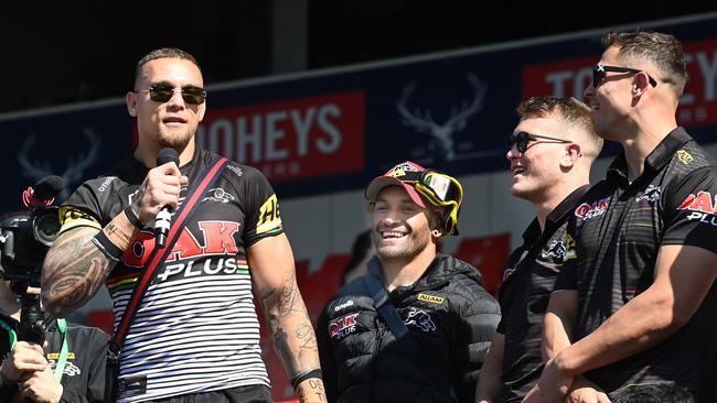 Penrith Panthers player James Fisher-Harris still wearing his playing strip at the fan meet at BlueBet Stadium after winning the 2022 NRL Premiership against Parramatta. Picture: Jeremy Piper