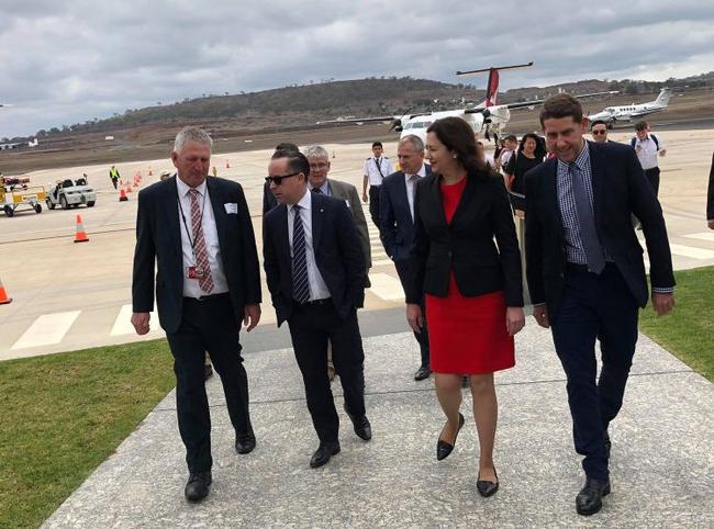 Denis Wagner, Qantas CEO Alan Joyce, Premier Annastacia Palaszczuk and Minister for State Development Cameron Dick arrive to announce the first location of the Qantas Pilot Training Academy. Picture: Tobi Loftus