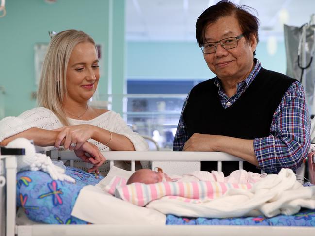 Mum Hollee Austin and Neonatologist Professor Kei Lui with baby Skylah Austin who was born at 24 weeks at the Royal Hospital for Women in Randwick. Picture: Sam Ruttyn