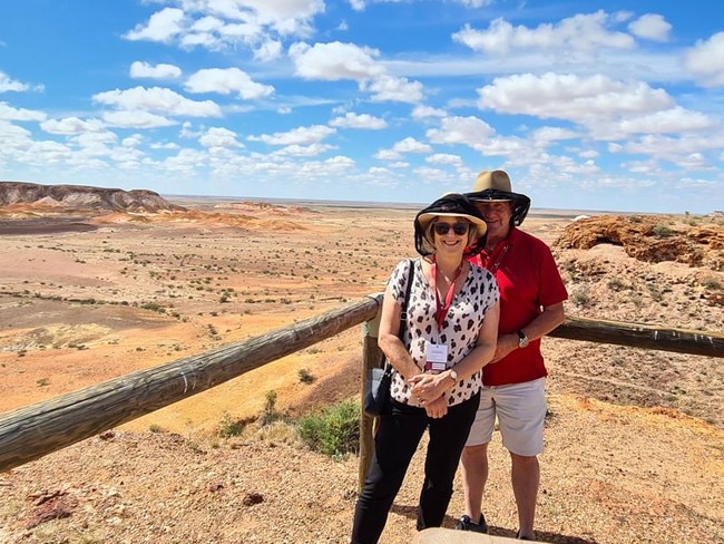 Rail research … Tricia Stringer and husband Daryl went on a Ghan trip to research Back on Track. Here they are at Kanku-Breakaways near Coober Pedy.