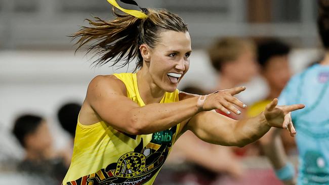 DARWIN, AUSTRALIA - OCTOBER 26: Eilish Sheerin of the Tigers celebrates a goal during the 2024 AFLW Round 09 match between the Essendon Bombers and the Richmond Tigers at TIO Stadium on October 26, 2024 in Darwin, Australia. (Photo by Dylan Burns/AFL Photos via Getty Images)