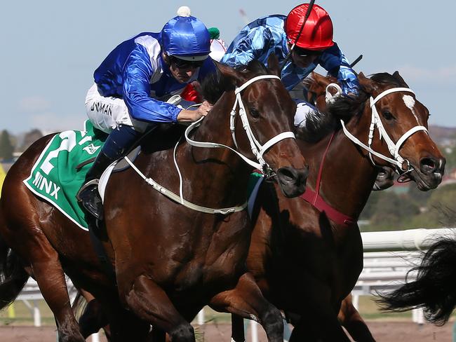 Hugh Bowman and Winx fly home out wide to win the Turnbull Stakes.