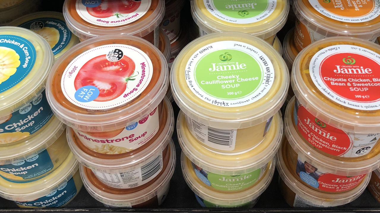 Woolworths soups (left), Woolworths Created with Jamie soups (right).