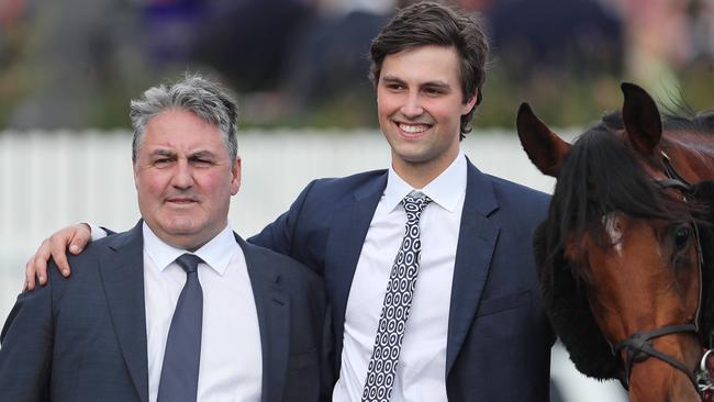 Anthony and Sam Freedman after winning the 2019 Caulfield Guineas with Super Seth. Picture: Picture: Michael Klein.