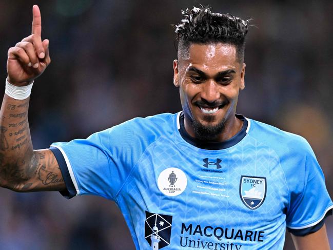 Fabio Gomes of Sydney FC celebrates after scoring a goal during the Australia Cup football final match between Sydney FC and Brisbane Roar FC at Allianz Stadium in Sydney on October 7, 2023. (Photo by Izhar KHAN / AFP) / -- IMAGE RESTRICTED TO EDITORIAL USE - STRICTLY NO COMMERCIAL USE --