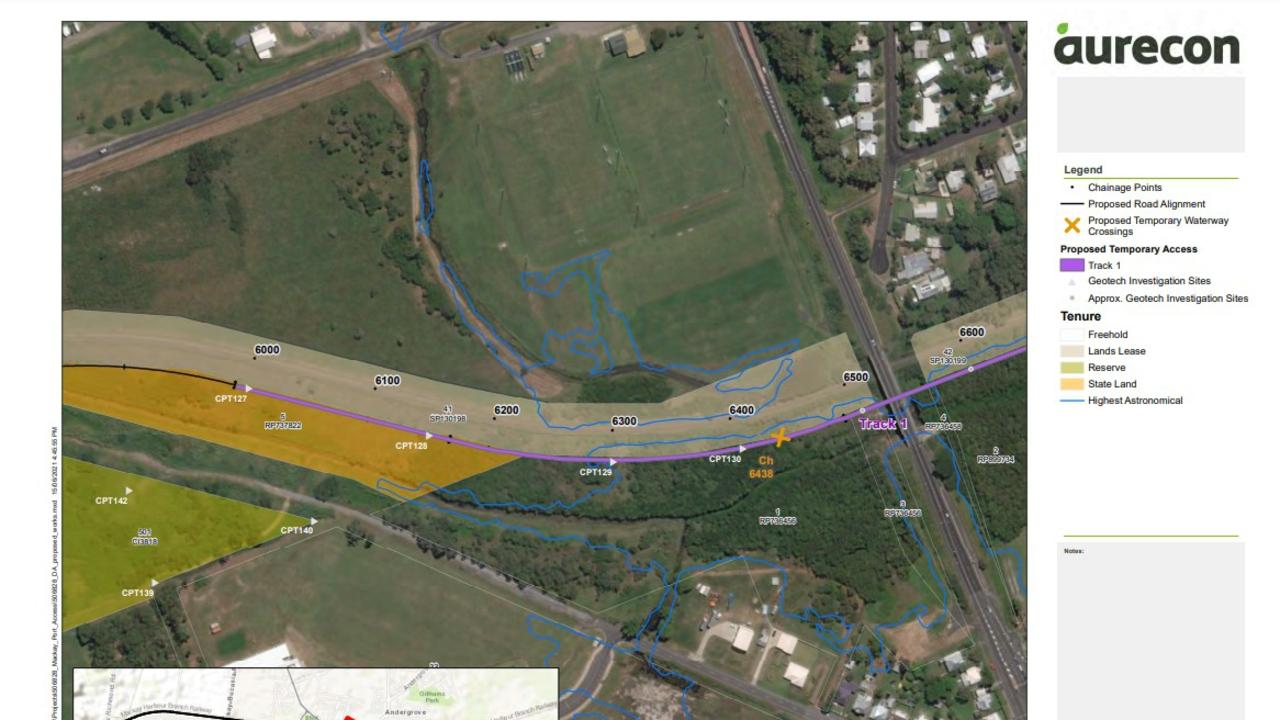 The planned trajectory of the Mackay Port Access Road, also known as Mackay Ring Road Stage 2, between Norris Road and Glenpark St. Documents submitted by Aurecon to Mackay Regional Council, November, 2021.