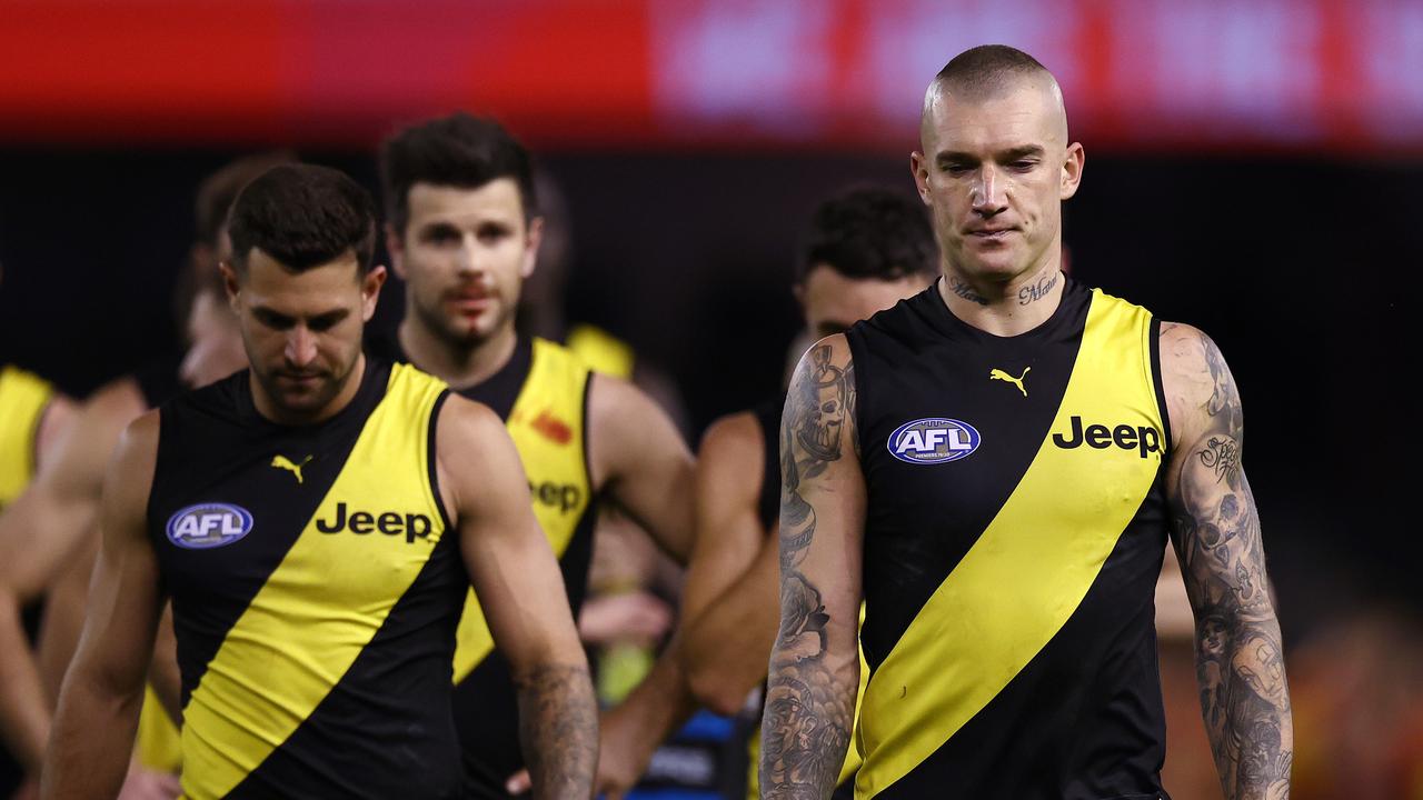 Gold Coast Suns vs Richmond at Marvel Stadium, Melbourne. 01/07/2021. A disappointed Richmond team walk of Marvel Stadium after losing to the Gold Coast Suns . Pic: Michael Klein