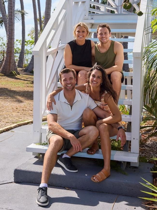 Sophie Dillman, Patrick O’Connor, Emily Weir and Tristan Gorey on the set of Home and Away in the Whitsundays. Picture: Jeremy Greive