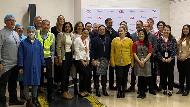 Workers at Melbourne's CSL manufacturing site prepare to welcome Prime Minister Scott Morrison on Friday morning. Picture: Angelica Snowden