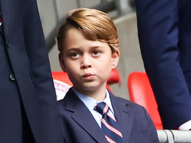 29 June 2021, United Kingdom, London: Football: European Championship, England - Germany, final round, round of 16 at Wembley Stadium. The British Prince William, Duke of Cambridge is standing in the stands with his wife Kate, Duchess of Cambridge, and their son Prince George. Photo: Christian Charisius/dpa (Photo by Christian Charisius/picture alliance via Getty Images)