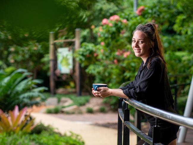 Eva's cafe has proven to be one of the NT's most popular spots for coffee as part of Matt Preston's search for the Territory's best brew. Eva's Cafe cafe and events manager Sophie Charles takes time out to enjoy the fruits of the George Brown Botanic Gardens.Picture: Che Chorley