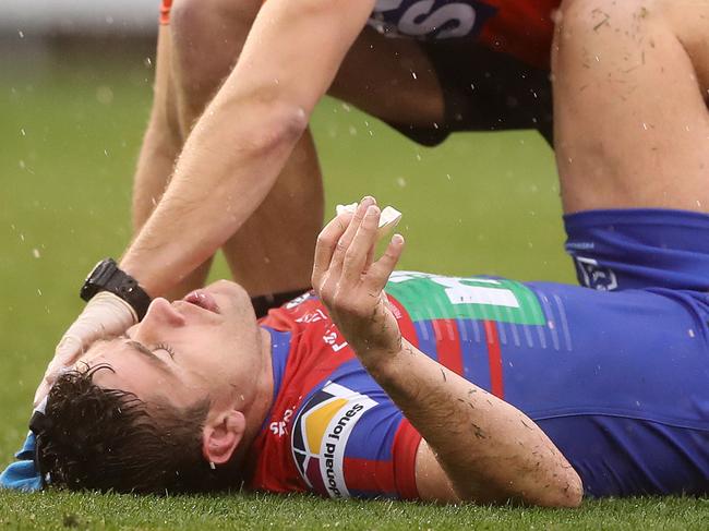 NEWCASTLE, AUSTRALIA - JULY 26: Andrew McCullough of the Knights appears injured during the round 11 NRL match between the Newcastle Knights and the Canterbury Bulldogs at McDonald Jones Stadium on July 26, 2020 in Newcastle, Australia. (Photo by Mark Kolbe/Getty Images)