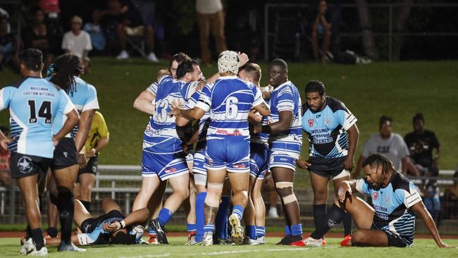 Cairns Brothers celebrate the try of Tye Smith, which clinched the 2022 premiership. Picture: Brendan Radke