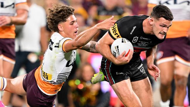 SYDNEY, AUSTRALIA - OCTOBER 01: Nathan Cleary of the Panthers gets past Reece Walsh of the Broncos before scoring a try during the 2023 NRL Grand Final match between Penrith Panthers and Brisbane Broncos at Accor Stadium on October 01, 2023 in Sydney, Australia. (Photo by Bradley Kanaris/Getty Images)