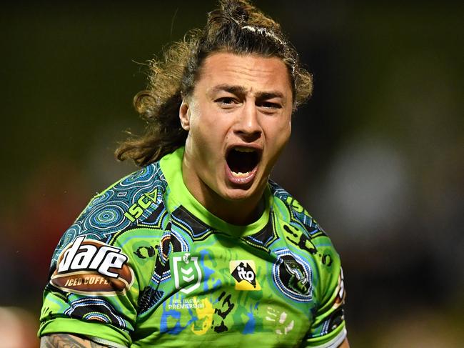 Charnze Nicoll-Klokstad of the Raiders celebrates after scoring a try during the Round 17 NRL match between the St George Illawarra Dragons and the Canberra Raiders at WIN Stadium Wollongong, Sunday, July 14, 2019. (AAP Image/Dean Lewins) NO ARCHIVING, EDITORIAL USE ONLY