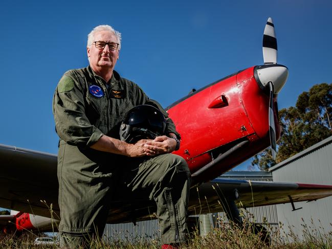 FLYING HIGH: Jim Whalley pictured with one of his planes a de Havilland Chipmunk in Woodside. Jim is the state's chief entrepreneur and an ex_RAAF pilot. Picture MATT TURNER.