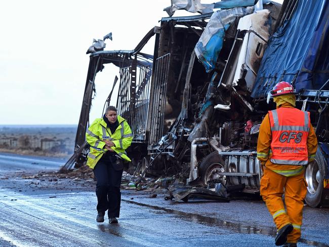 Emergency service workers at the scene of the the double-fatal truck crash near Truro. Picture: Tom Huntley