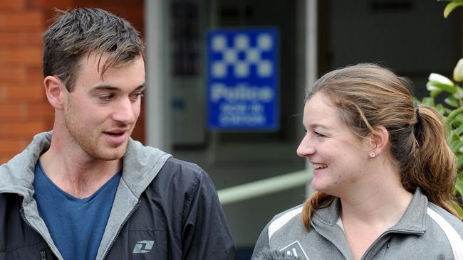 Ella and Mitchell Tromp address the media at Monbulk Police Station. Picture: Andrew Henshaw