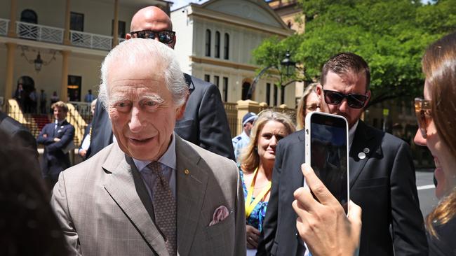 King Charles III greets people on the street following a Bicentenary of the Legislative Council event at NSW Parliament House on October 20. Picture: Lisa Maree Williams/Getty Images